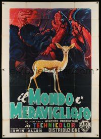4y104 ANIMAL WORLD Italian 2p '56 great different Martinati art of prehistoric dinosaurs & deer!