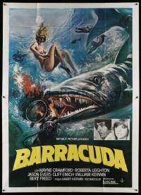 4y109 BARRACUDA Italian 2p '78 great artwork of huge killer fish attacking sexy diver in bikini!
