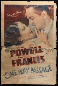 4z177 ONE WAY PASSAGE 1sh R36 best romantic c/u of William Powell and Kay Francis!