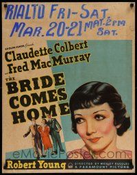 4z004 BRIDE COMES HOME jumbo WC '35 c/u art of Claudette Colbert + Fred MacMurray & Robert Young!