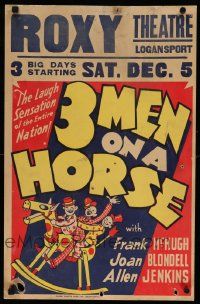 4z022 THREE MEN ON A HORSE 17x26 WC '36 cartoon art of McHugh, Kibbee & Jenkins on hobby horse!