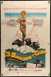 5b035 3 SAILORS & A GIRL 1sh '54 art of sexiest Jane Powell in swimsuit with Navy sailors!
