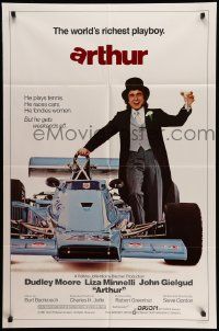 5b077 ARTHUR int'l 1sh '81 different image of drunk Dudley Moore by F1 race car!