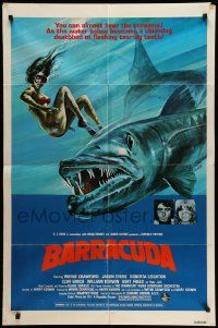 5b094 BARRACUDA 1sh '78 great artwork of huge killer fish attacking sexy diver in bikini!