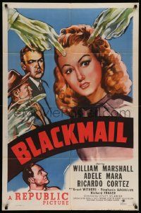 5b123 BLACKMAIL 1sh '47 cool film noir art of green hands pointing at Adele Mara!