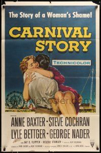 5b176 CARNIVAL STORY 1sh '54 sexy Anne Baxter held by Steve Cochran who she loves real bad!
