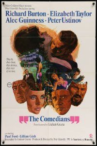 5b204 COMEDIANS style B 1sh '67 art of Richard Burton, Elizabeth Taylor, Alec Guinness & Ustinov!