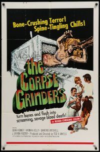 5b214 CORPSE GRINDERS 1sh '71 Ted V. Mikels, most gruesome bone-crushing horror artwork!