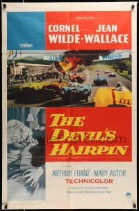 5b255 DEVIL'S HAIRPIN 1sh '57 Cornel Wilde, Jean Wallace, great art of race car crash!