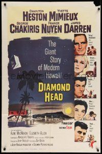 5b259 DIAMOND HEAD 1sh '62 Charlton Heston, Yvette Mimieux, cool art of Hawaiian volcano!