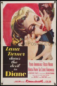 5b260 DIANE 1sh '56 sexy Lana Turner dares the devil, great close up romantic art!