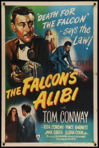 5b318 FALCON'S ALIBI style A 1sh '46 the law says death for detective Tom Conway, cool montage art!
