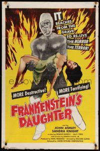 5b355 FRANKENSTEIN'S DAUGHTER 1sh '58 great close up artwork of wacky monster holding sexy girl!