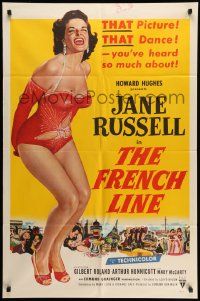 5b357 FRENCH LINE 2D 1sh '54 Howard Hughes, art of sexy Jane Russell in skimpy outfit!