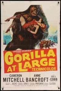 5b381 GORILLA AT LARGE 1sh '54 great art of giant ape holding screaming sexy Anne Bancroft!