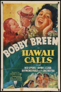 5b402 HAWAII CALLS 1sh '38 art of Ned Sparks watching young Bobby Breen playing ukulele & singing!