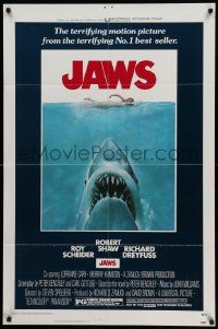 5b464 JAWS 1sh '75 artwork of Steven Spielberg's classic man-eating shark attacking sexy swimmer!