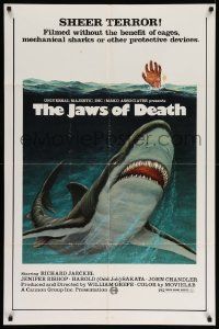 5b465 JAWS OF DEATH 1sh '76 great artwork image of giant shark underwater!
