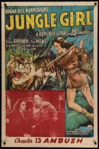 5b474 JUNGLE GIRL chapter 13 1sh '41 art of Gifford w/spear by tiger, Edgar Rice Burroughs, Ambush!