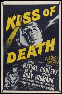 5b487 KISS OF DEATH 1sh R53 c/u of Victor Mature & kissing Coleen Gray, film noir classic!