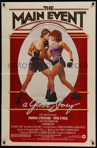 5b560 MAIN EVENT 1sh '79 great full-length image of Barbra Streisand boxing with Ryan O'Neal!