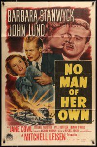 5b668 NO MAN OF HER OWN 1sh '50 Barbara Stanwyck, cool artwork of exploding train!