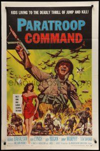 5b715 PARATROOP COMMAND 1sh '59 AIP, WWII sky-diving, cool art of soldiers & sexy Carolyn Hughes!
