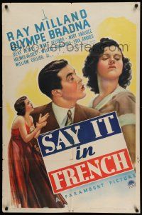 5b829 SAY IT IN FRENCH style A 1sh '38 Ray Milland & sexy Olympe Bradna close up!