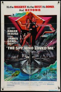 5b882 SPY WHO LOVED ME 1sh '77 cool art of Roger Moore as James Bond by Bob Peak!