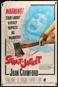 5b894 STRAIT-JACKET 1sh '64 art of crazy ax murderer Joan Crawford, directed by William Castle!