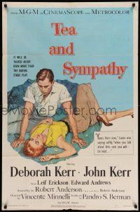 5b913 TEA & SYMPATHY 1sh '56 great artwork of Deborah Kerr & John Kerr by Gale, classic tagline!