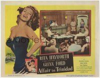 5c523 AFFAIR IN TRINIDAD LC '52 sexy Rita Hayworth testifying on the stand in courtroom, film noir!