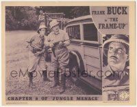 5c729 JUNGLE MENACE chapter 8 LC '37 big game hunter Frank Buck holding rifle by car, The Frame-Up!