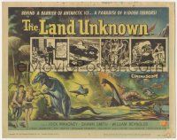 5c232 LAND UNKNOWN TC '57 a paradise of hidden terrors, art of dinosaurs by Ken Sawyer!