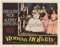 5c862 ROMAN HOLIDAY LC #7 '53 great image of Princess Audrey Hepburn sitting on her throne!