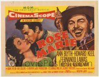 5c339 ROSE MARIE TC '54 art of Fernando Lamas about to kiss Ann Blyth, Mountie Howard Keel!