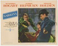 5c868 SABRINA LC #5 '54 Audrey Hepburn between William Holden & Humphrey Bogart in convertible!