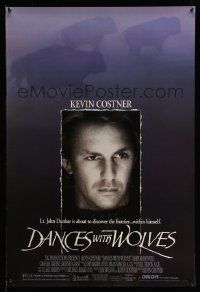 5g212 DANCES WITH WOLVES DS 1sh '90 close portrait of Kevin Costner & running buffalo!