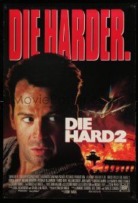 5g250 DIE HARD 2 int'l DS 1sh '90 tough guy Bruce Willis, image of airplane and fire over airport!