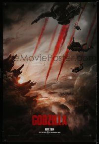 5g335 GODZILLA teaser DS 1sh '14 image of soldiers parachuting over burning San Francisco!