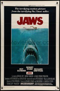 5g479 JAWS 1sh '75 artwork of Steven Spielberg's classic man-eating shark attacking sexy swimmer!