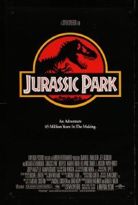 5g495 JURASSIC PARK DS 1sh '93 Steven Spielberg, classic logo with T-Rex over red background