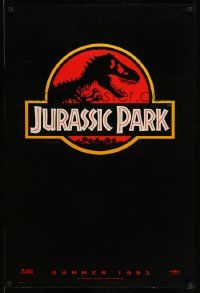 5g496 JURASSIC PARK teaser 1sh '93 Steven Spielberg, classic logo with T-Rex over red background
