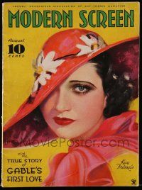 5h159 MODERN SCREEN magazine August 1934 art of beautiful Kay Francis with hat covering one eye!