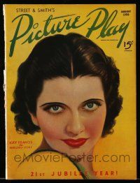 5h177 PICTURE PLAY magazine January 1936 great art of beautiful Kay Francis by Marland Stone!