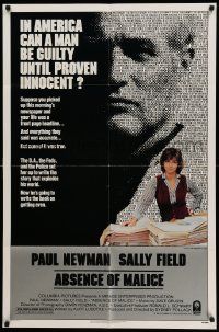 5j022 ABSENCE OF MALICE 1sh '81 Paul Newman, Sally Field, Sydney Pollack, cool design!