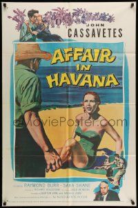 5j031 AFFAIR IN HAVANA 1sh '57 John Cassavetes in Cuba, art of Sara Shane in swimsuit on beach!