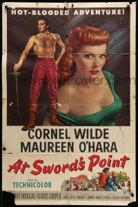 5j073 AT SWORD'S POINT 1sh '52 full-length barechested Cornel Wilde, sexy Maureen O'Hara!