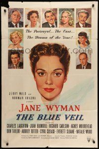 5j141 BLUE VEIL 1sh '51 portraits of Charles Laughton, Jane Wyman, Joan Blondell & more!