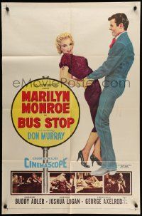5j171 BUS STOP 1sh '56 full-length art of cowboy Don Murray holding sexy Marilyn Monroe!